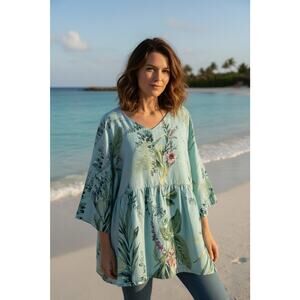 Kaktus Floral Flowy Linen Blend Top Blue Size L Tropical Wearable Art Artsy NWOT